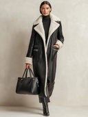 Women's Black Faux Leather And Lambswool Collar Front Opening Coat ZMZ1015J6XT