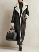 Women's Black Faux Leather And Lambswool Collar Front Opening Coat ZMZ1015J6XT
