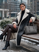 Women's Black Faux Leather And Lambswool Collar Front Opening Coat ZMZ1015J6XT