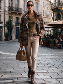 Women's Brown Plaid Double-Breasted Lapel Loose Jacket ZMZ1078J1XT