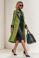 Women's Olive Green Faux Suede Long Double-Breasted Trench Coat ZMZ1242J5XT