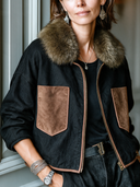Women's Premium Cotton Color-Block Zip-Up Jacket With Faux Fur Collar ZMZ1244J1SWL