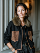 Women's Premium Cotton Color-Block Zip-Up Jacket With Faux Fur Collar ZMZ1244J1SWL
