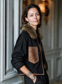 Women's Premium Cotton Color-Block Zip-Up Jacket With Faux Fur Collar ZMZ1244J1SWL