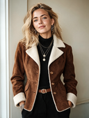 Women's Warm Vintage Brown Faux Suede Lambswool Lined Three-Button Jacket ZMZ1200J0SWL