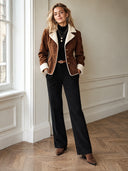 Women's Warm Vintage Brown Faux Suede Lambswool Lined Three-Button Jacket ZMZ1200J0SWL