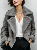 Women's Premium Grey Faux Suede & Shearling Double-Breasted Thickened Jacket ZMZ1274J3SWL