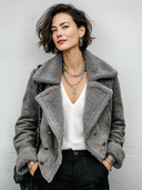 Women's Premium Grey Faux Suede & Shearling Double-Breasted Thickened Jacket ZMZ1274J3SWL