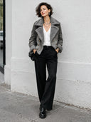 Women's Premium Grey Faux Suede & Shearling Double-Breasted Thickened Jacket ZMZ1274J3SWL