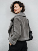 Women's Premium Grey Faux Suede & Shearling Double-Breasted Thickened Jacket ZMZ1274J3SWL