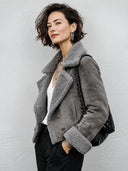 Women's Premium Grey Faux Suede & Shearling Double-Breasted Thickened Jacket ZMZ1274J3SWL