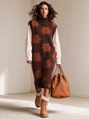 Women's Vintage Casual Floral Jacquard Mock-Neck Sleeveless Knit Midi Dress ZMZ1283J7XT