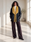 Women's Retro American-Style Black Leather Jacket With Mustard Faux Fur Shawl Collar And Buckle Cuffs ZMZ1339J4ZYY