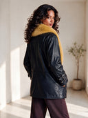 Women's Retro American-Style Black Leather Jacket With Mustard Faux Fur Shawl Collar And Buckle Cuffs ZMZ1339J4ZYY