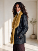 Women's Retro American-Style Black Leather Jacket With Mustard Faux Fur Shawl Collar And Buckle Cuffs ZMZ1339J4ZYY