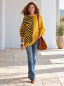Women's American Retro Casual Style Yellow Zebra Crew Neck Pullover Sweater With Contrast Jacquard Panel ZMZ1325J8ZYY