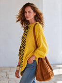 Women's American Retro Casual Style Yellow Zebra Crew Neck Pullover Sweater With Contrast Jacquard Panel ZMZ1325J8ZYY