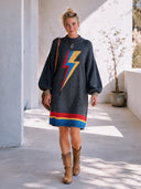 Women's Retro American-Style Casual Lightning Bolt Knit Sweater Dress Charcoal Mock Neck Balloon Sleeve Striped Hem ZMZ1371J5ZYY