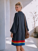 Women's Retro American-Style Casual Lightning Bolt Knit Sweater Dress Charcoal Mock Neck Balloon Sleeve Striped Hem ZMZ1371J5ZYY