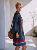 Women's Retro American-Style Casual Lightning Bolt Knit Sweater Dress Charcoal Mock Neck Balloon Sleeve Striped Hem ZMZ1371J5ZYY