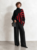 Women's Retro-Elegant Turtleneck Sweater Black Red Geometric Stripe Asymmetric Hem Knit Pullover ZMZ1300J7ZYY