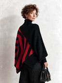 Women's Retro-Elegant Turtleneck Sweater Black Red Geometric Stripe Asymmetric Hem Knit Pullover ZMZ1300J7ZYY