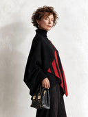Women's Retro-Elegant Turtleneck Sweater Black Red Geometric Stripe Asymmetric Hem Knit Pullover ZMZ1300J7ZYY