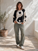 Women's Classic Casual Loose-Fit Long-Sleeve Sweater With Black And White Contrasting Polka-Dot Jacquard And Crew Neck ZMZ1375J5ZYY