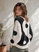 Women's Classic Casual Loose-Fit Long-Sleeve Sweater With Black And White Contrasting Polka-Dot Jacquard And Crew Neck ZMZ1375J5ZYY