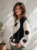 Women's Classic Casual Loose-Fit Long-Sleeve Sweater With Black And White Contrasting Polka-Dot Jacquard And Crew Neck ZMZ1375J5ZYY