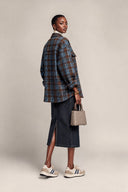 Women's Blue And Brown Color-Block Plaid Oversized Shirt Jacket ZMZ1338J9XT