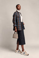 Women's Blue And Brown Color-Block Plaid Oversized Shirt Jacket ZMZ1338J9XT