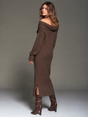 Women's Brown Turtleneck Chunky Waffle Knit Sweater Midi Dress ZMZ1386J6XT
