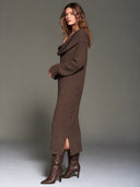 Women's Brown Turtleneck Chunky Waffle Knit Sweater Midi Dress ZMZ1386J6XT