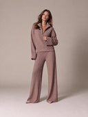 Women’s Minimalist Dusty-pink Waffle-knit Top And Wide-leg Trousers Two-piece Set ZMZ1363J9XT
