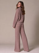 Women’s Minimalist Dusty-pink Waffle-knit Top And Wide-leg Trousers Two-piece Set ZMZ1363J9XT