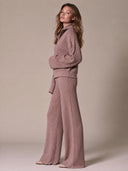 Women’s Minimalist Dusty-pink Waffle-knit Top And Wide-leg Trousers Two-piece Set ZMZ1363J9XT