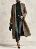 Women's Vintage-Style Casual Brown Herringbone Tweed Long Coat ZMZ1267J9XT