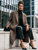 Women's Vintage-Style Casual Brown Herringbone Tweed Long Coat ZMZ1267J9XT