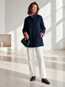 Women's Vintage-Style Casual Navy Stand Collar Wool-Blend Coat With Red Piping And Gingham Cuff Lining ZMZ1386J1ZYY