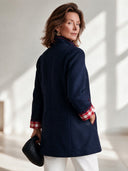 Women's Vintage-Style Casual Navy Stand Collar Wool-Blend Coat With Red Piping And Gingham Cuff Lining ZMZ1386J1ZYY