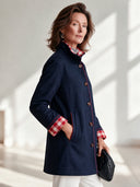 Women's Vintage-Style Casual Navy Stand Collar Wool-Blend Coat With Red Piping And Gingham Cuff Lining ZMZ1386J1ZYY