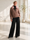 Women's Vintage-Style Knit Zip-Up Cardigan With Pink Faux Fur Collar And Patch Pockets ZMZ1300J6ZYY