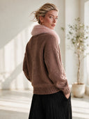 Women's Vintage-Style Knit Zip-Up Cardigan With Pink Faux Fur Collar And Patch Pockets ZMZ1300J6ZYY