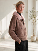 Women's Vintage-Style Knit Zip-Up Cardigan With Pink Faux Fur Collar And Patch Pockets ZMZ1300J6ZYY