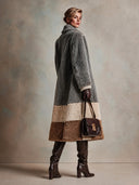 Women's Grey Colorblock Teddy Faux Shearling Long Coat with Notched Lapels ZMZ1324J8ZYY