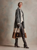 Women's Grey Colorblock Teddy Faux Shearling Long Coat with Notched Lapels ZMZ1324J8ZYY