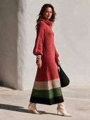 Women's Vintage French-Style Elegant Loose-Fit Knit Maxi Dress With High Neck And Lantern Sleeves ZMZ1369J2ZYY