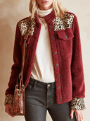 Women's Retro Casual Warm Jacket With Leopard Print Panels, Plush Stand Collar, And Single-Breasted Closure ZMZ1356J4ZJY