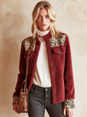 Women's Retro Casual Warm Jacket With Leopard Print Panels, Plush Stand Collar, And Single-Breasted Closure ZMZ1356J4ZJY